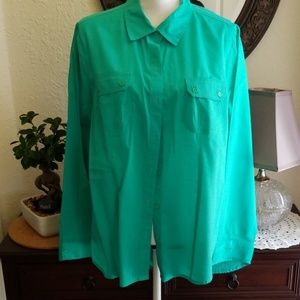 Turquoise LS button front blouse
